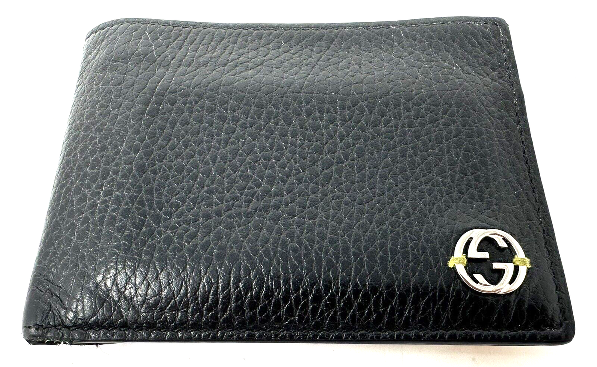 Gucci Trifold Leather Wallet Interlock GG Logo Black Outside and