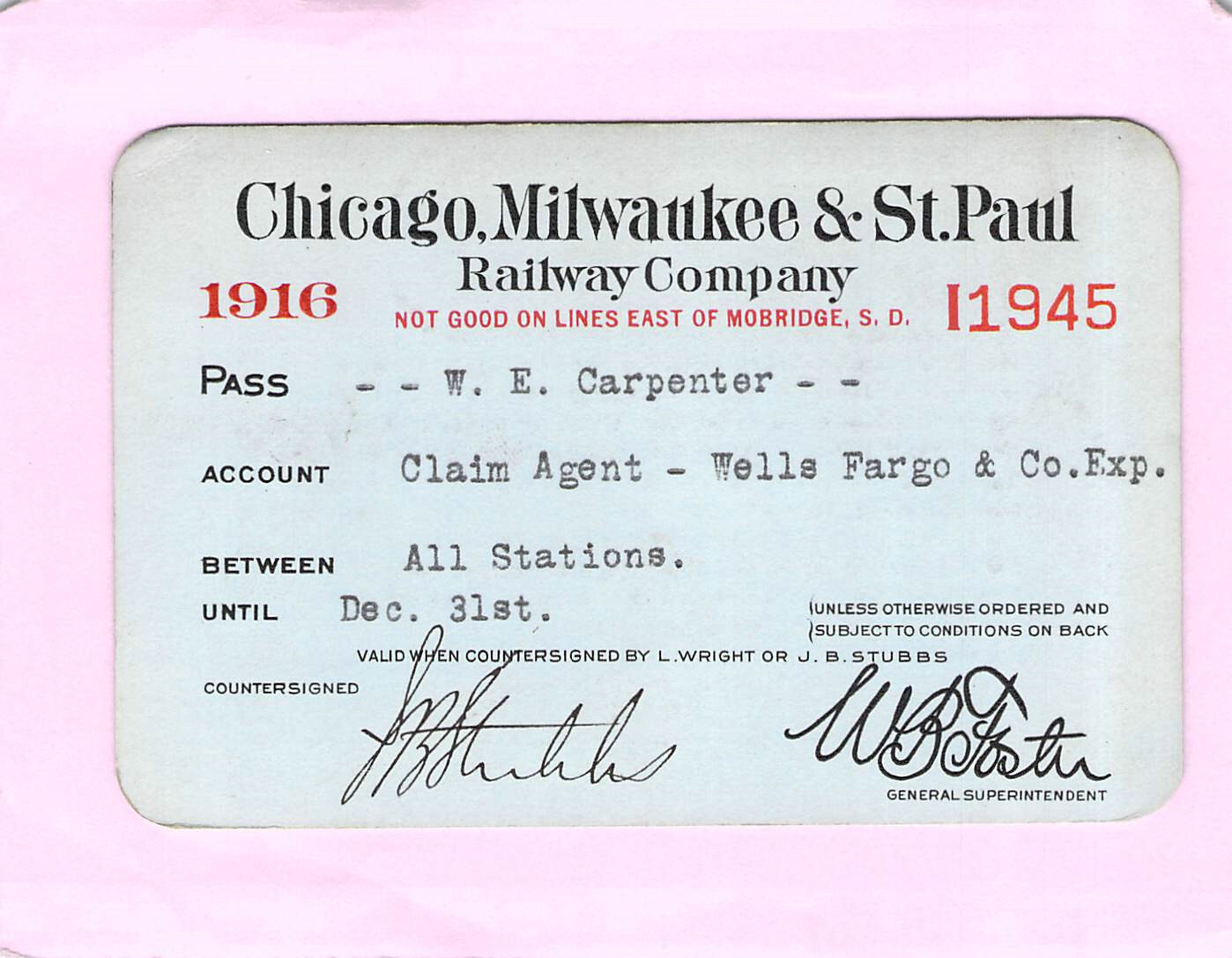 SOUTH DAKOTA WELLS FARGO AGT CHICAGO MILWAUKEE ST PAUL RAILROAD RR