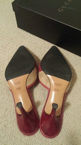 GUCCI MONOGRAM CANVAS HORSEBIT RASBERRY PIPING MULE HEELS - Sz 6.5, Auth, Preown - Picture 9 of 14