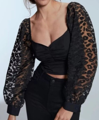 ZARA SCHWARZ KONTRAST ORGANZA LEOPARD ANIMAL CROP TOP PUFFÄRMEL S 1971/180/800