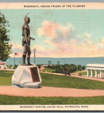 MASSASOIT, Indian Friend of the Pilgrims Statue Plymouth Mass.VTG Postcard-pb110
