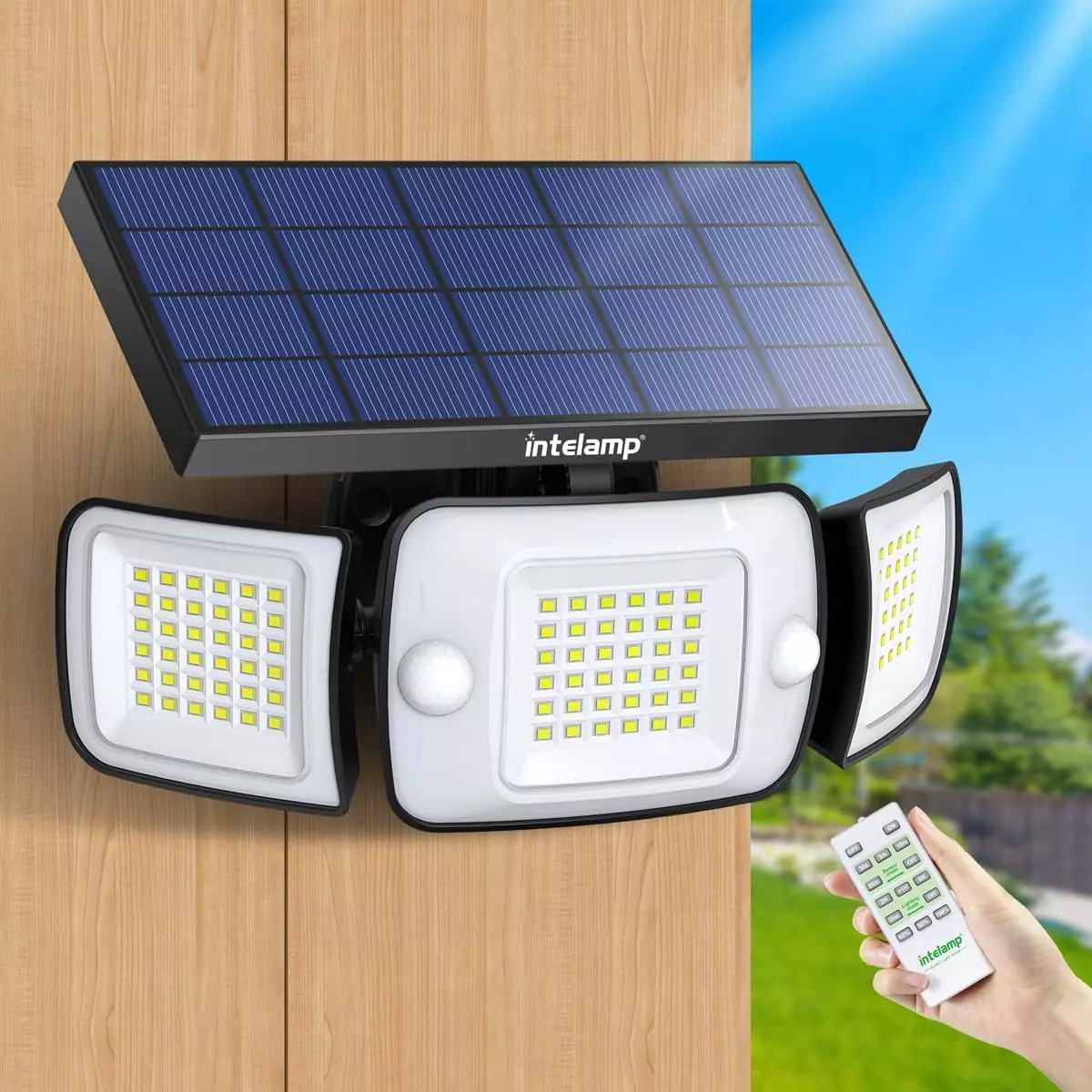 Intelamp Solar Outdoor Lights with Remote Control Solar Motion Sensor Lights wit