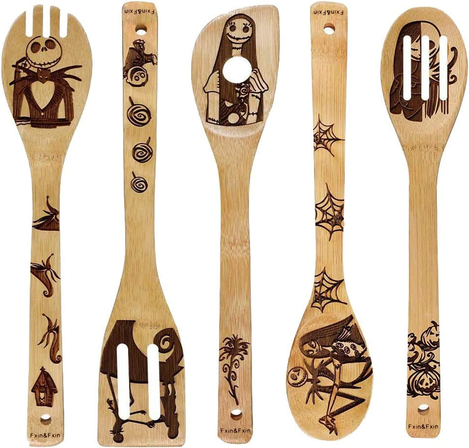 Unique Pattern Burned Wooden Spoons Nightmare before Christmas Kitchen Slotted S
