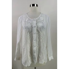 J. Jill Uncommon Threads Embroidered Sheer  Long Sleeve Boho Chic Button Up Top