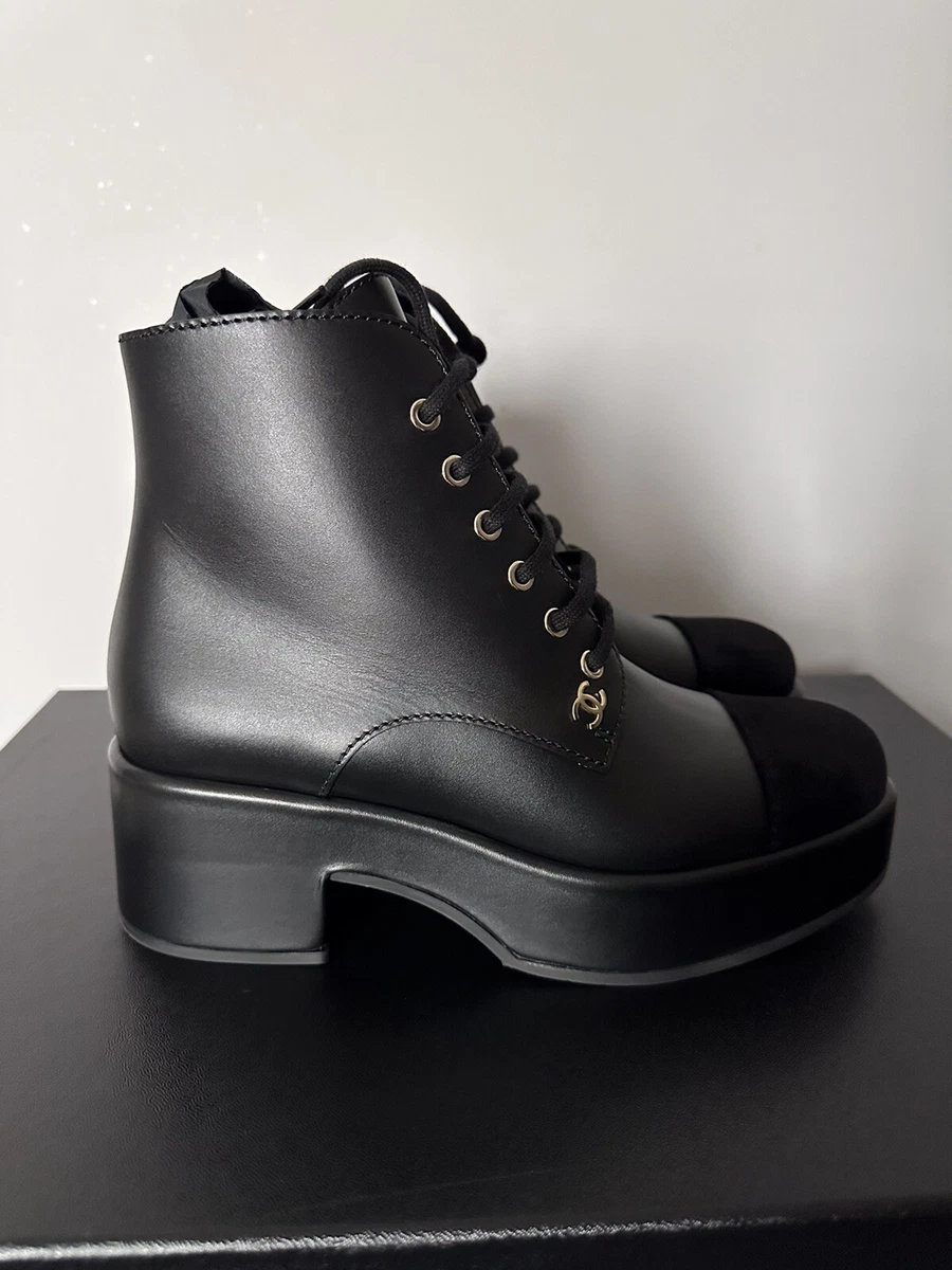 Chanel, Black leather lace up CC ankle boots - Unique Designer Pieces