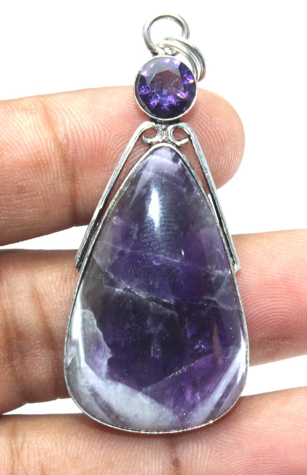 Charoite Pear With Amethyst Uniquely Designed Handmade Silver Pendant Jewelry - Image 3 of 4