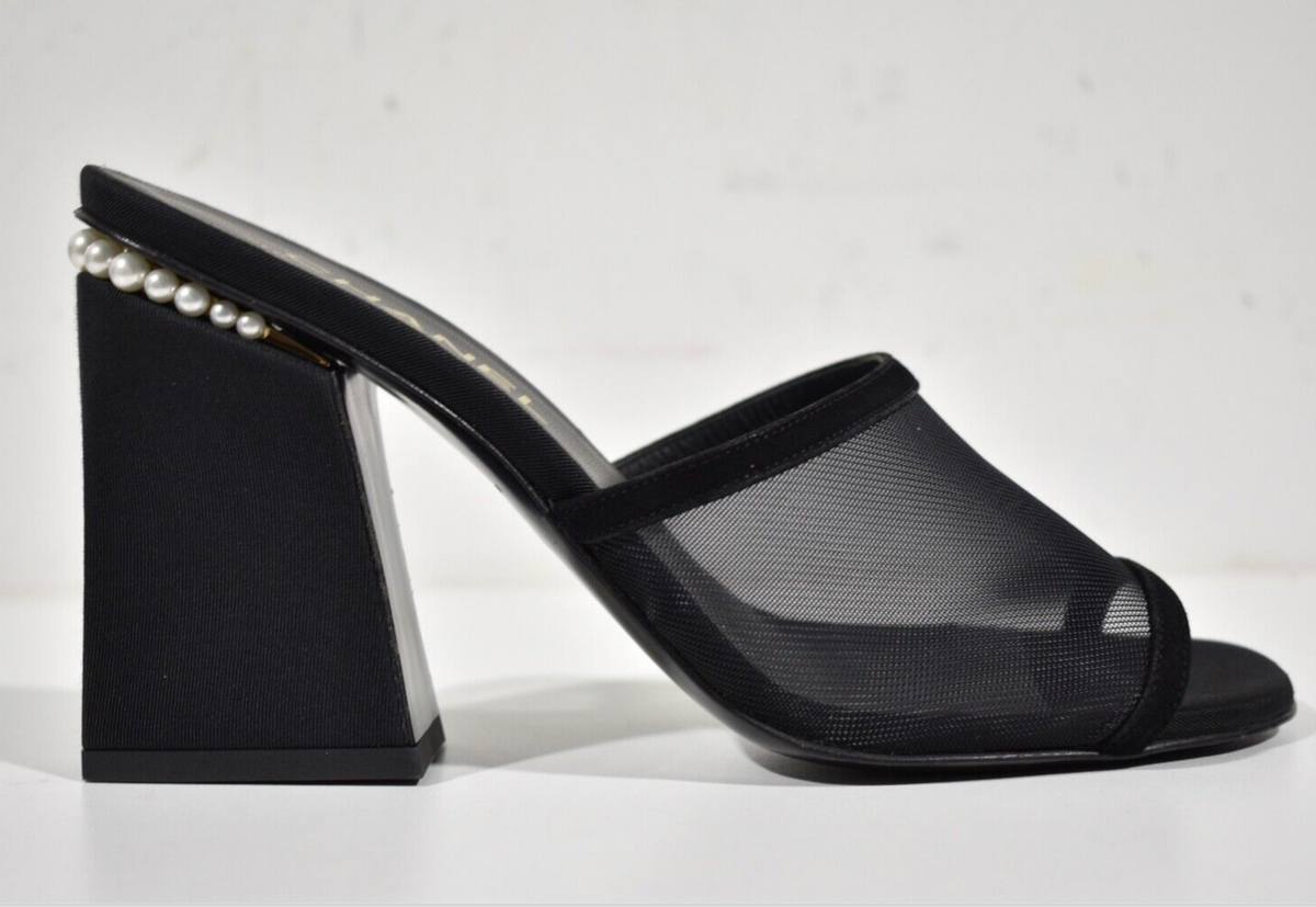 Chanel 22A Black Mesh Pearl CC Logo Block Heel Backless Mule