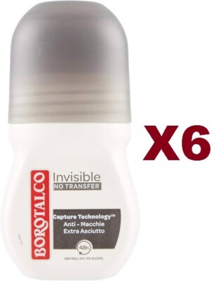 6PCS BOROTALCO ROLL ON INVISIBLE DEODORANT 50ML WITH MICROTALCO ROLLER