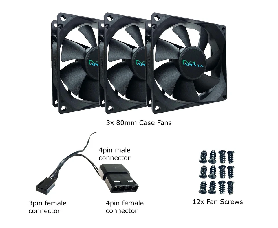 Apevia AF38S-BK 80mm 4pin Molex + 3pin Motherboard Silent Black Case Fan (3-pk) - Image 4 of 4