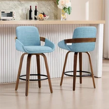 Bar Stool Set of 2, Fabric Counter High Stools with Back and Armrest 360° Swivel