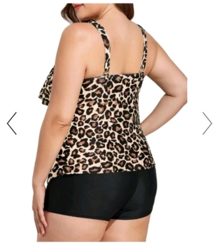 Traje de baño de dos piezas Tankini de leopardo y pantalones cortos negros para niño talla grande 22W con volantes Foto 3 de 4