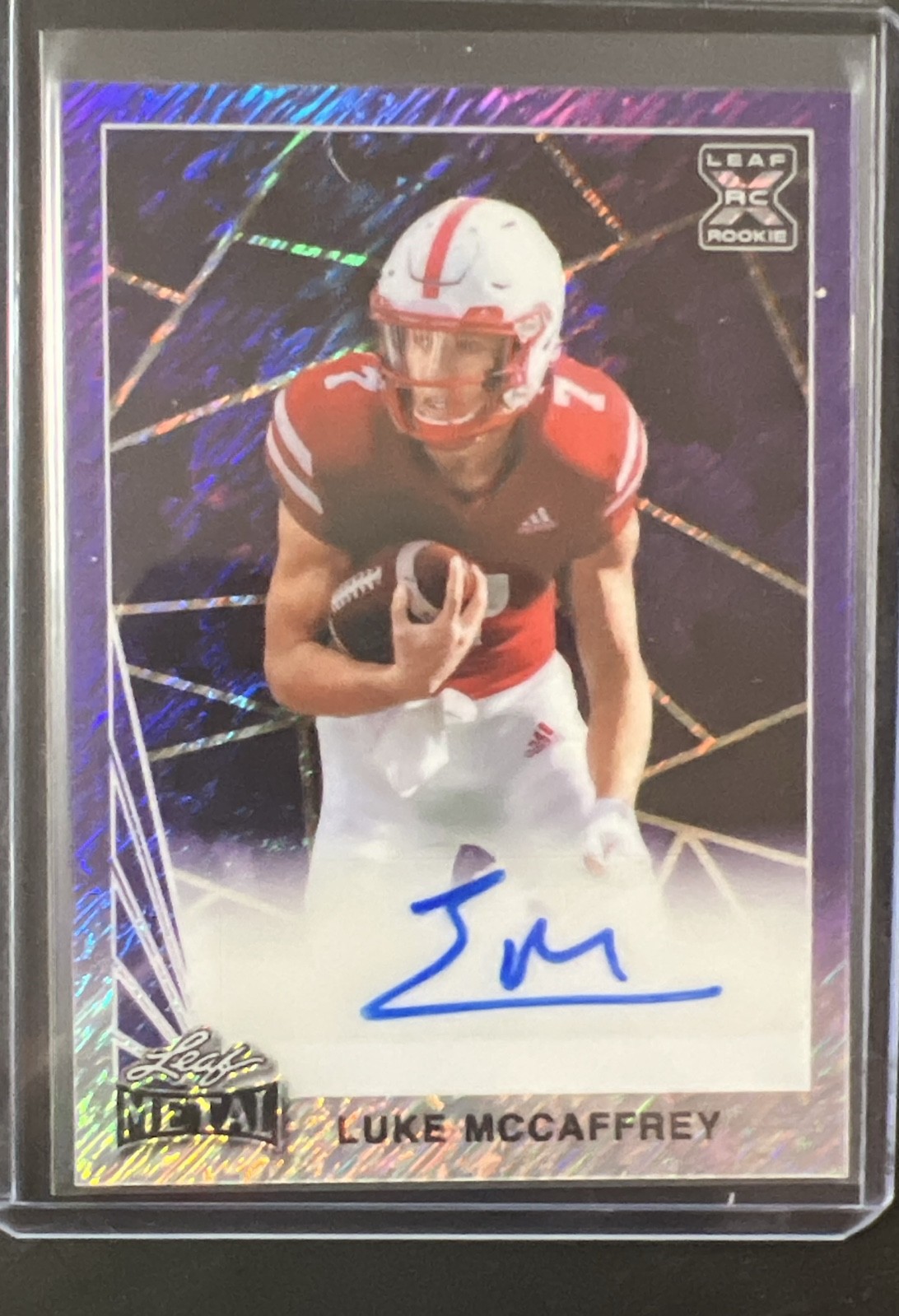2024 Leaf Metal Collective  Autographs Luke McCaffrey #90APurple Shimmer 2/8 RC)