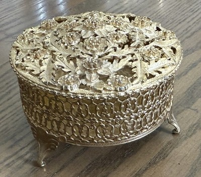 Sam Fick Ormolu Filigree Trinket Box Footed Vanity Jar Mid Century Floral VTG