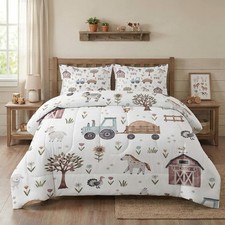 Full Size Comforter Set with 2 Pillowcases, Farm Animal Tractor House Tree So...