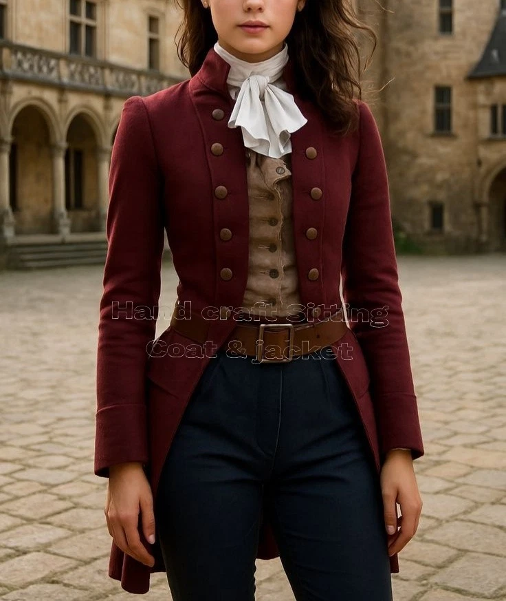 Women’s Burgundy Wool Regency Frock Coat | Victorian Steampunk Gothic Costume - Image 2 of 4
