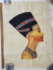 VINTAGE LARGE HAND PAINTED EGYPTIAN PAPYRUS PAINTING, NEFERTITI 36" X 26"