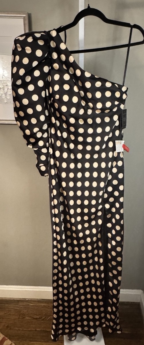 ★セール♪★Ieena for Mac Duggalドット柄ワンスリーブドレス★ Ieena Mac Duggal Black Beige One-Shoulder Polka Dot Sheath