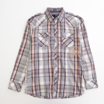 Roar Mens Button Up Western Shirt Gray Orange Plaid Embroidered Signature XL