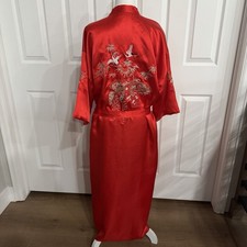 Vintage Blossom Plum Medium Kimono Long Robe Embroidered Garden Birds Red Belted