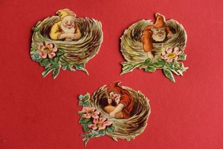 Glanzbild Oblate | Märchen 3x Zwerge im Vogelnest | Victorian Scrap Cut | 1880
