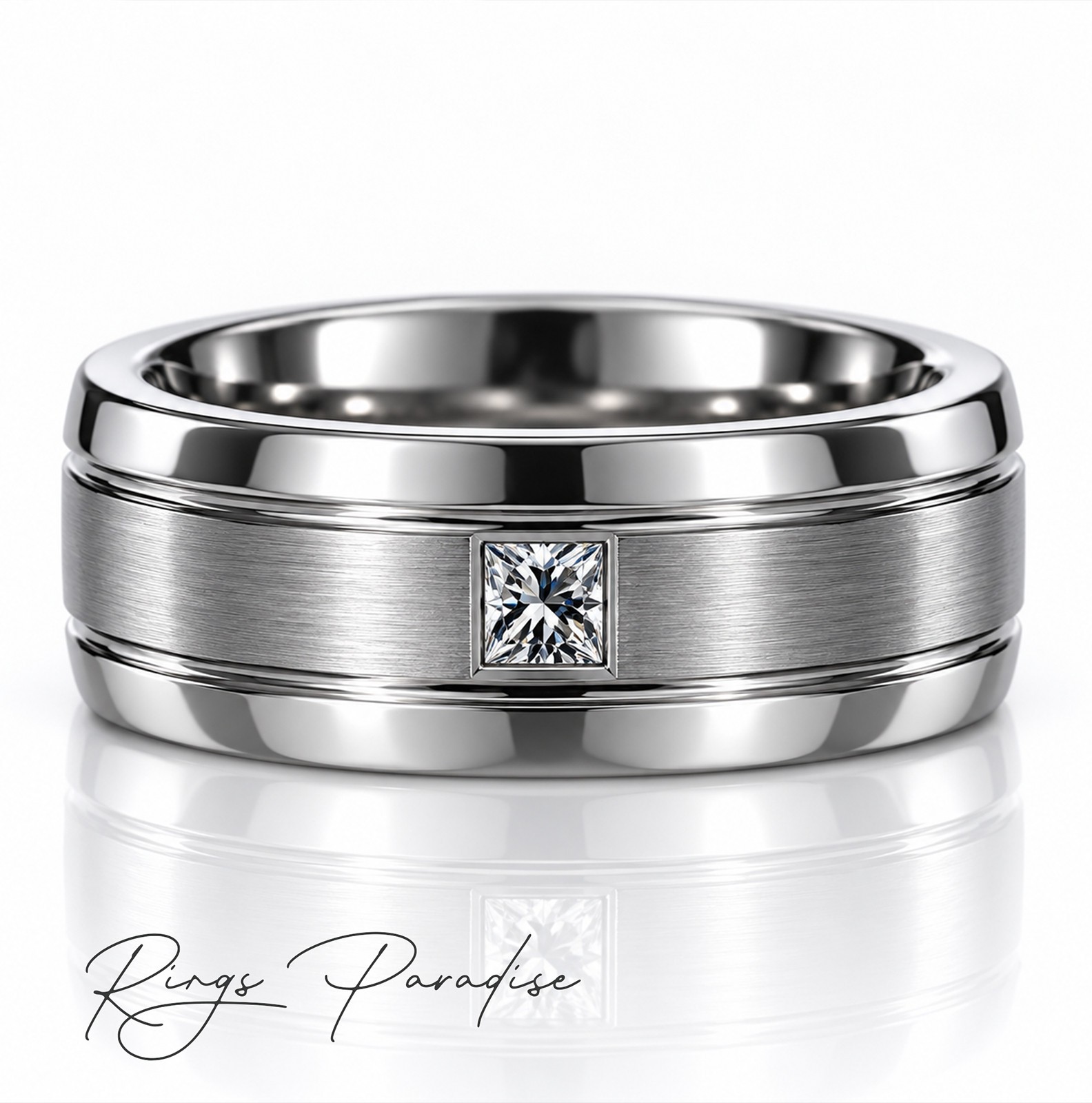 Silver Tungsten Ring, Square Gemstone Men’s Wedding Band, Brushed Center - 8mm