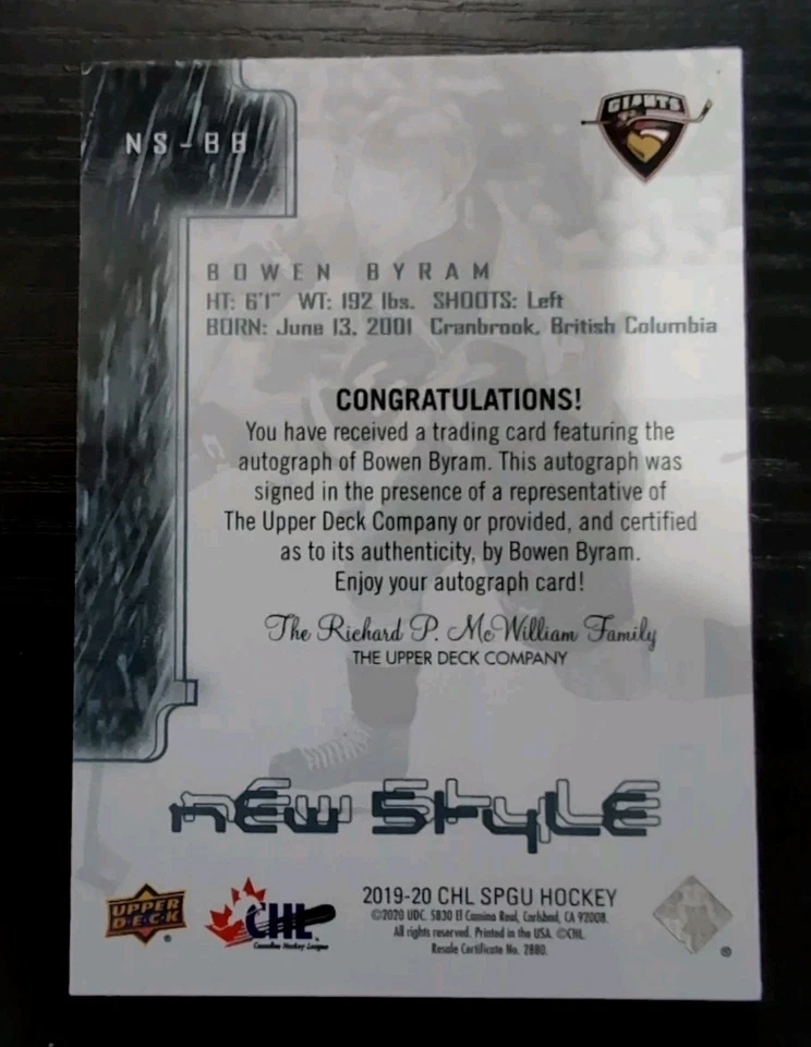 2019-20 Upper Deck CHL SPGU Hockey Bowen Byram New Style Auto - Image 2 of 2