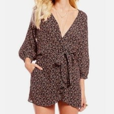 FREE PEOPLE Clara Floral Faux Wrap Tunic Black Red Size XS