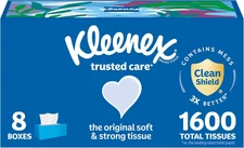Trusted Care Facial Tissues, 8 Flat Boxes, 200 Tissues per Box, 2-Ply, Packaging
