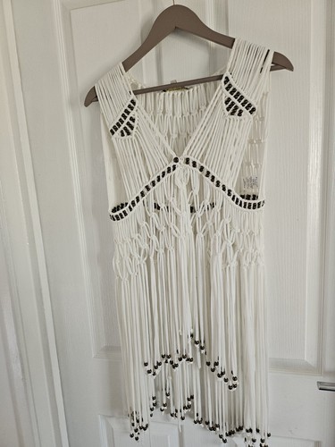 Parisian Collection Cotton Fringe Beaded Crochet Macrame Open Sleeveless Top M/L - Bild 10 von 11
