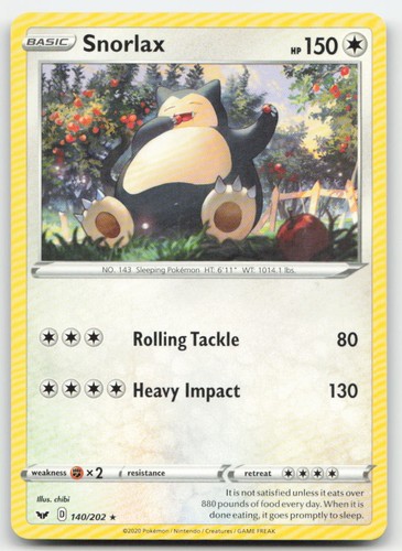 Snorlax 140/202 SWSH01: Sword & Shield Base Set Pokemon TCG MP