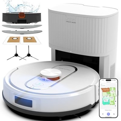 Robot Vacuum and Mop Combo, 6000Pa Robotic Vacuum with Mapping, Ivory White