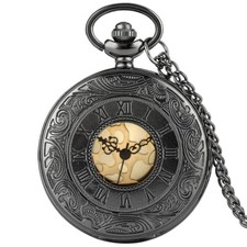 Steampunk Black Half Hunter Pocket Watch Engraved Roman Number Quartz Timepiece