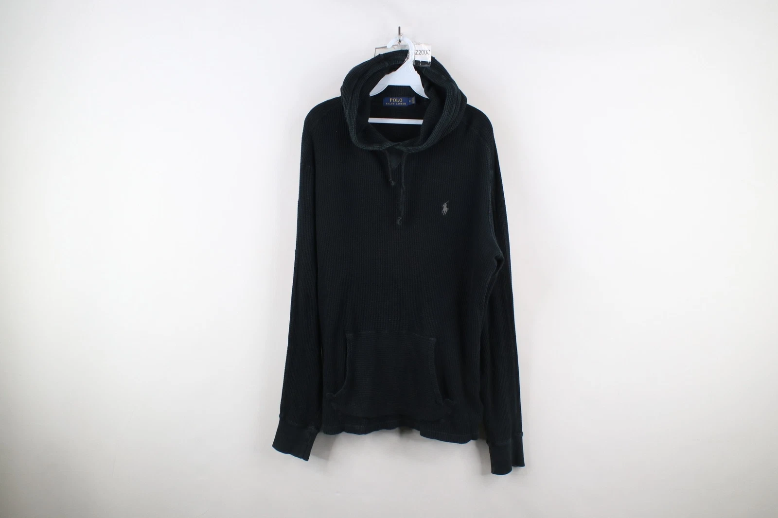 Vtg Ralph Lauren Mens Medium Faded Thermal Waffle Knit Hoodie Sweatshirt Black