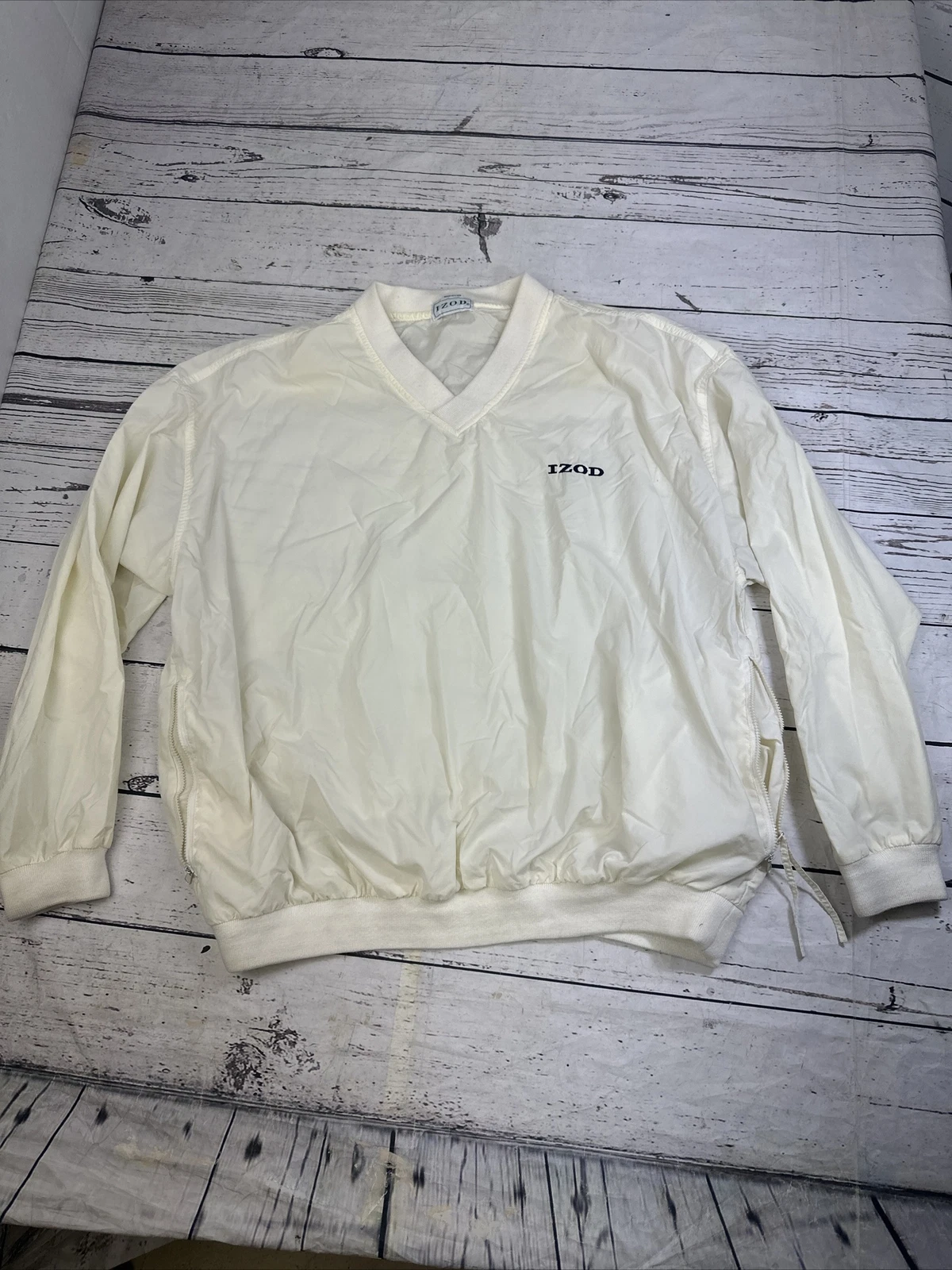 IZOD V-Neck Pullover Large Windbreaker Mens White Navy Blue Spellout Logo Golf