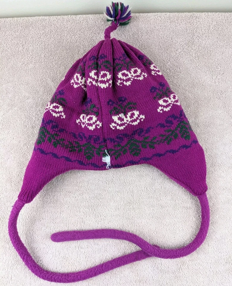 ЧЕРЕПАХОВЫЙ МЕХ лыж шляпа взрослых OSFA фиолетовый наушник трикотажа шерстяная смесь помпон зима - Изображение 3 из 4