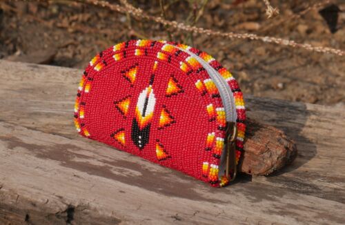 HANDCRAFTED NATIVE AMERICAN BEADED ZIPPERED COIN BAG, Beaded Coin Pouch - Picture 1 of 37