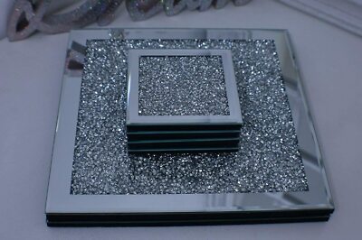 Set mit 4 Untersetzern & 2 Tischsets Silber Crushed Kristall Diamant Glitzer verspiegelt