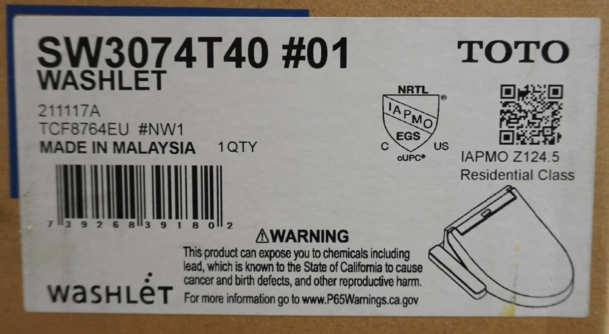 Toto T1SW301401 Washlet Bidet Seat, Elongated