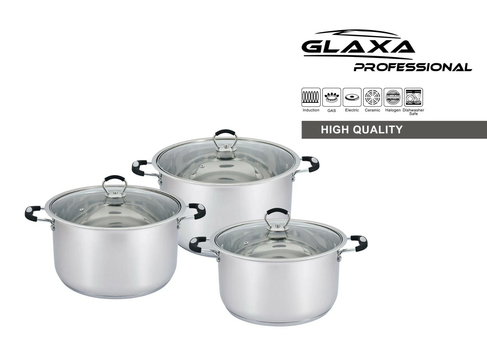 Heavy Stainless Steel set of 3 casserole stockpot with glass lids set 28 to 32