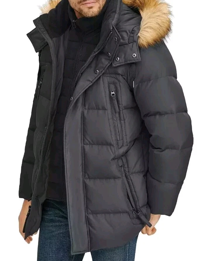 MARC NEW YORK Conway 黑色派克大衣冬季绗缝外套绝缘人造毛皮,大号 — 第 3/4 张图片