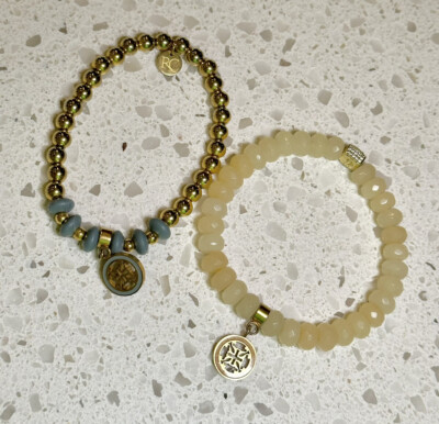 Rustic Cuff Bracelet Set Peach And Gold With Grey Beaded