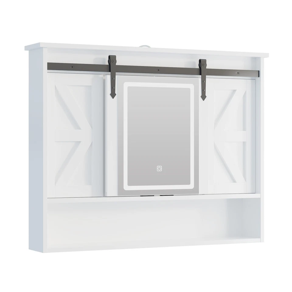 LED Medicine Cabinet Mirror Bathroom Wall Cabinet w/Lights and Sliding Barn Door - Image 3 of 4