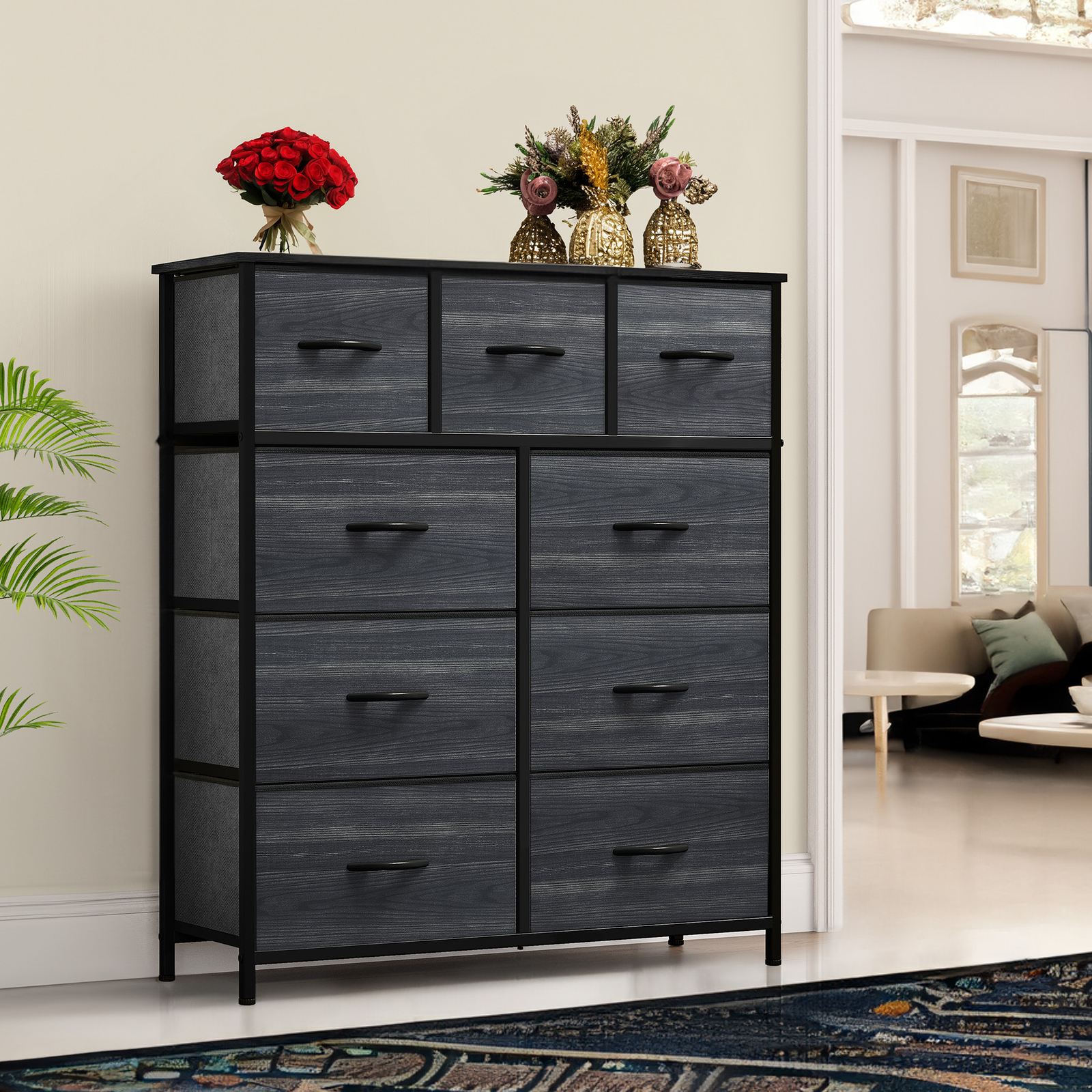 Black 9-Drawer Farmhouse Dresser Bedroom Storage Chest Organizer