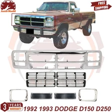 Front Upper Grille & Headlight Chrome Bezels Set For 1992 1993 DODGE D150 D250