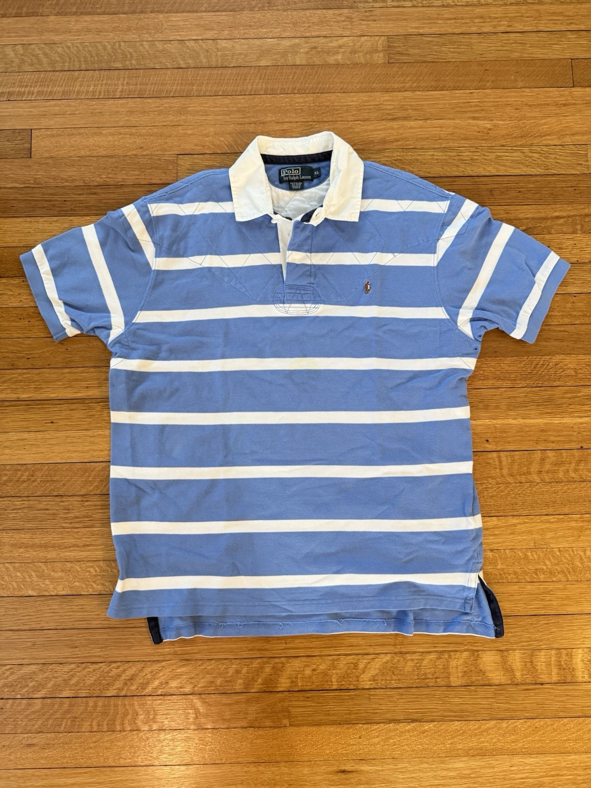 Vintage Polo Ralph Lauren Polo Shirt Mens XL Rugby Quilted Blue White Stripe