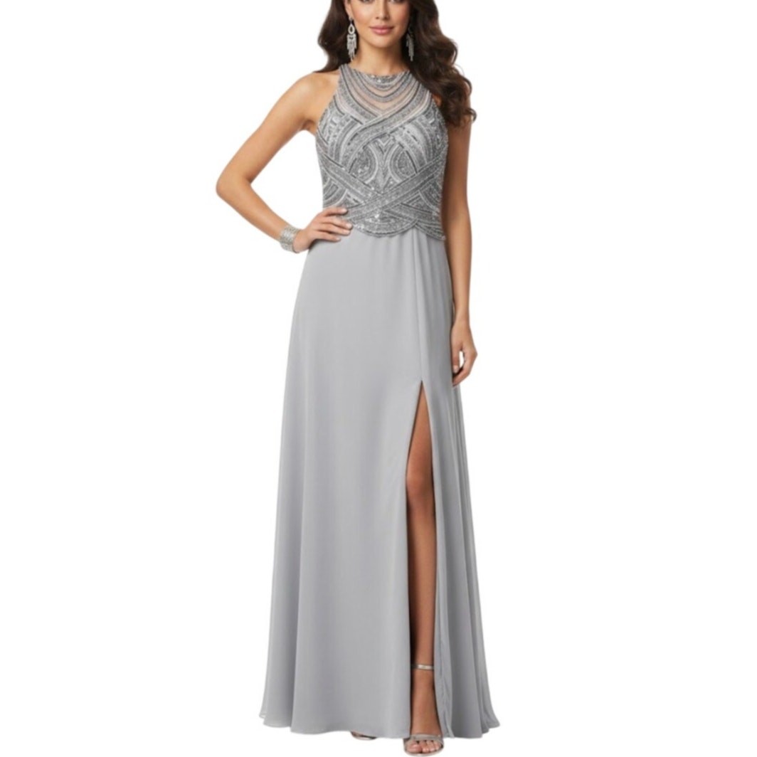 Betsy &Amp; Adam Women'S Formal Dress Size 8 Gray Beaded Chiffon Long Evening Gown