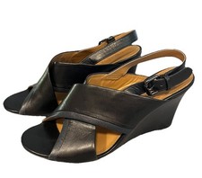 COACH Leather Black Cross Band Sz 6.5 High Wedge Buckle Slingback Sandal