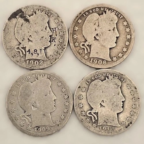 Lot of 4 Barber Quarters: 1902, 1906-D, 1909, 1914-D - 90% Silver, Circulated!