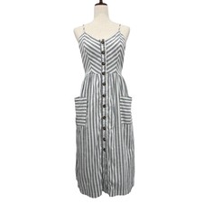 American Eagle Midi Dress Sleeveless Gray & White Stripe Button Front Size Large
