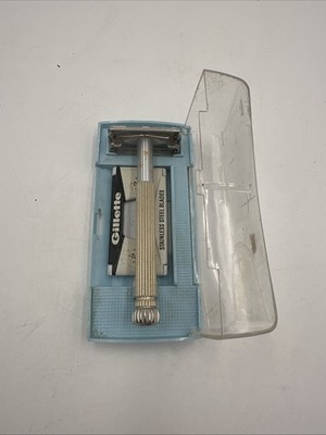 Vintage Gillette Blue Starburst Safety Razor 60s Original Case Champagne